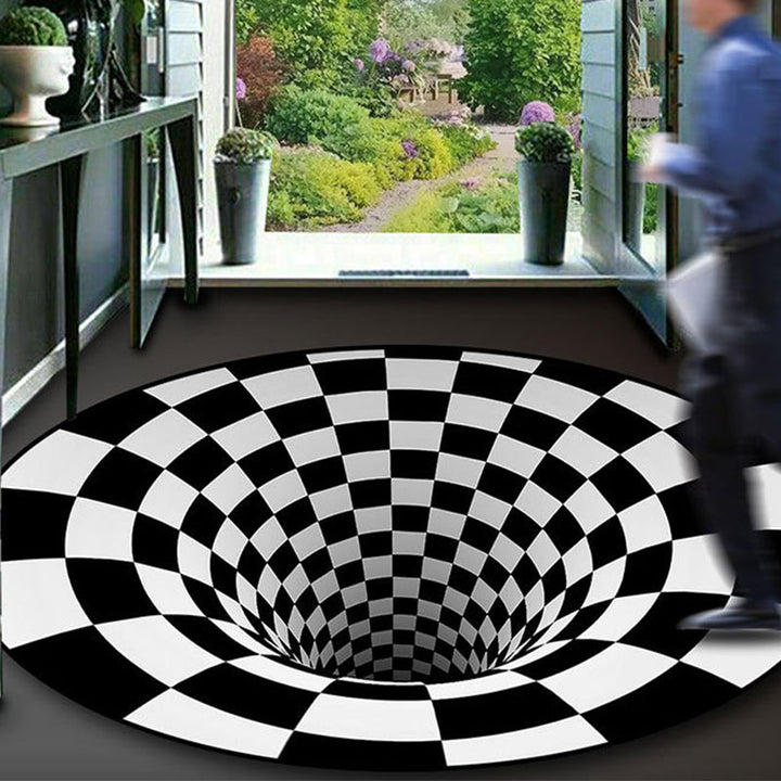 Lisslune | Black-White Creative Carpet Polyester Optical Illusions Vortex Area Rug Pet Friendly Washable Non-Slip Rug for Hall