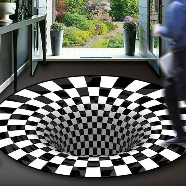 Lisslune | Black-White Creative Carpet Polyester Optical Illusions Vortex Area Rug Pet Friendly Washable Non-Slip Rug for Hall