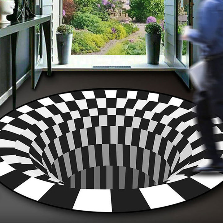 Lisslune | Black-White Creative Carpet Polyester Optical Illusions Vortex Area Rug Pet Friendly Washable Non-Slip Rug for Hall