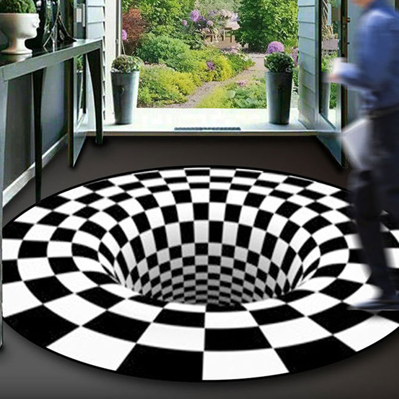 Lisslune | Black-White Creative Carpet Polyester Optical Illusions Vortex Area Rug Pet Friendly Washable Non-Slip Rug for Hall