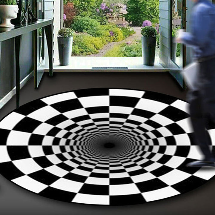 Lisslune | Black-White Creative Carpet Polyester Optical Illusions Vortex Area Rug Pet Friendly Washable Non-Slip Rug for Hall