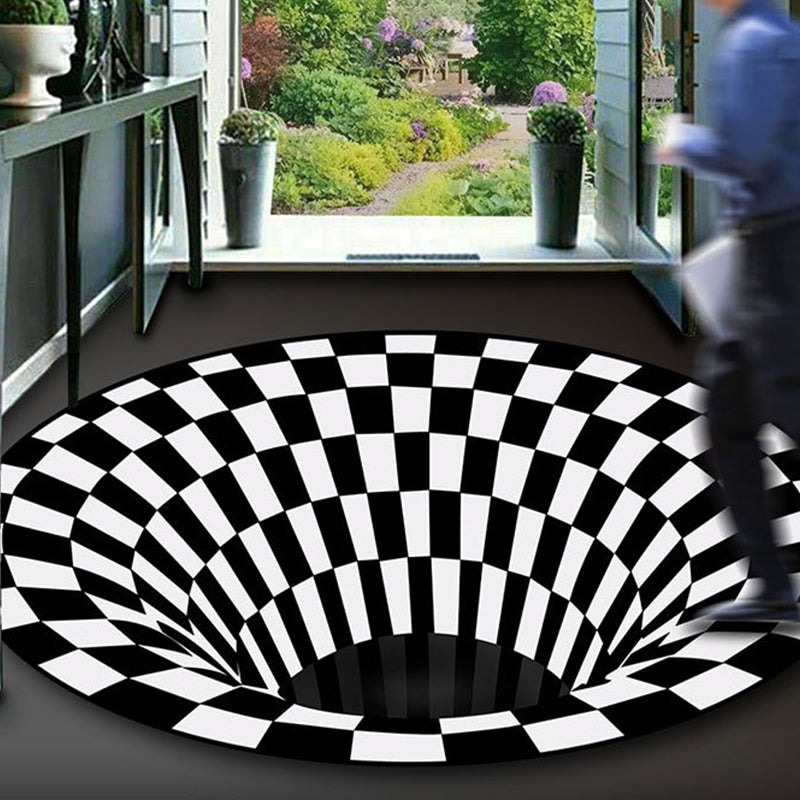Lisslune | Black-White Creative Carpet Polyester Optical Illusions Vortex Area Rug Pet Friendly Washable Non-Slip Rug for Hall