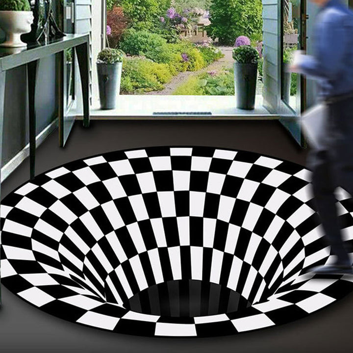Lisslune | Black-White Creative Carpet Polyester Optical Illusions Vortex Area Rug Pet Friendly Washable Non-Slip Rug for Hall