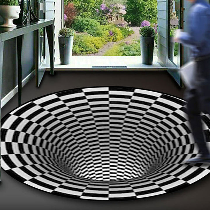 Lisslune | Black-White Creative Carpet Polyester Optical Illusions Vortex Area Rug Pet Friendly Washable Non-Slip Rug for Hall