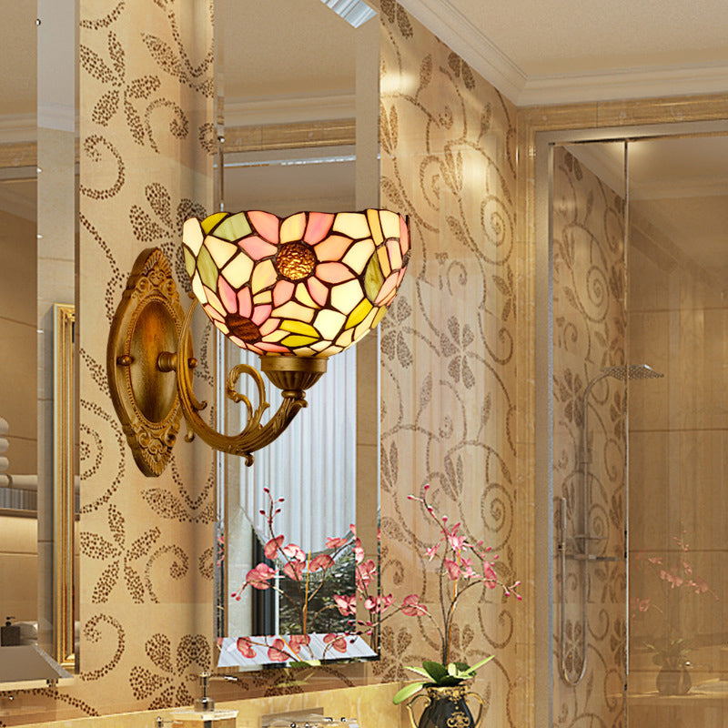 Lisslune | Sunflower pattern wall-mounted light Tiffany stained glass single gold wall light fixture with bowl shade