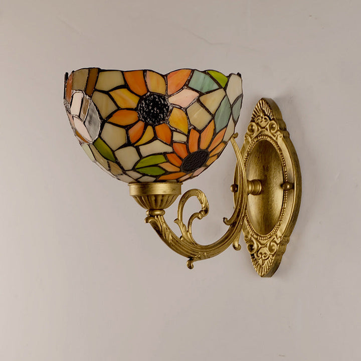 Lisslune | Sunflower pattern wall-mounted light Tiffany stained glass single gold wall light fixture with bowl shade