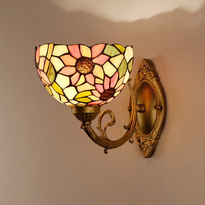 Lisslune | Sunflower pattern wall-mounted light Tiffany stained glass single gold wall light fixture with bowl shade