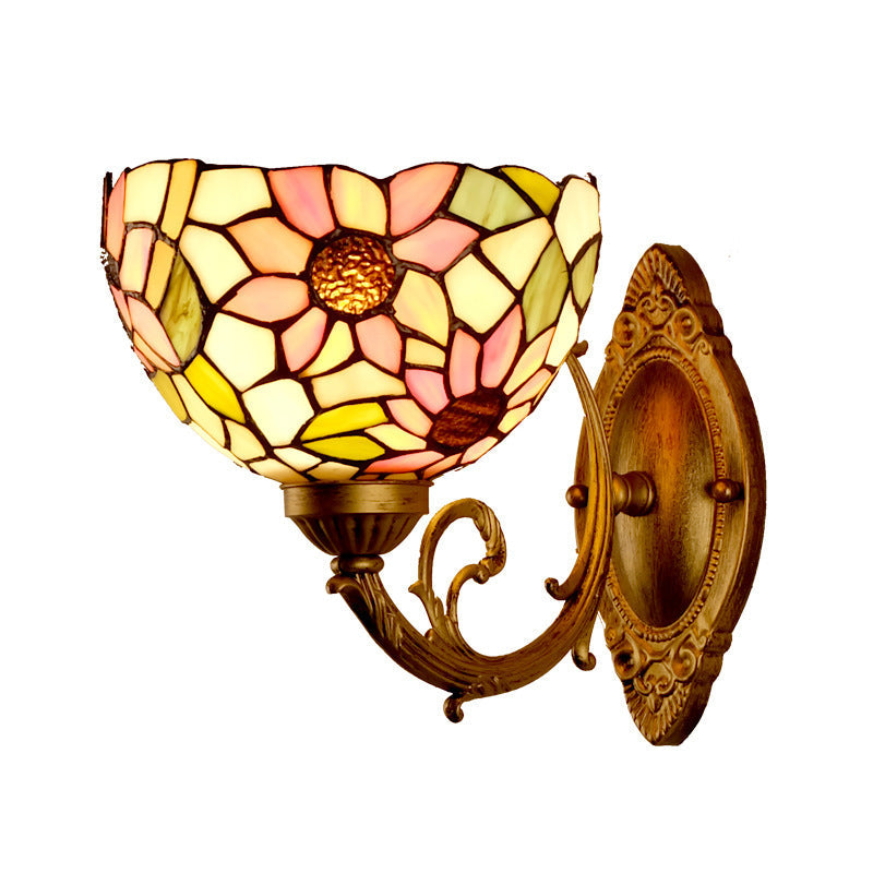 Lisslune | Sunflower pattern wall-mounted light Tiffany stained glass single gold wall light fixture with bowl shade