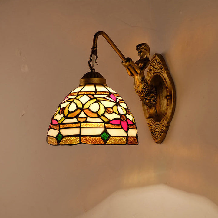 Lisslune | Dome Shade Floral Stained Glass Wall Lamp Lighting Fixture Decorative Single Gold Wall-Mounted Lamp