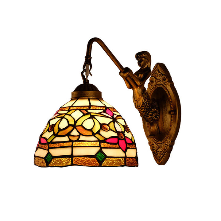 Lisslune | Dome Shade Floral Stained Glass Wall Lamp Lighting Fixture Decorative Single Gold Wall-Mounted Lamp