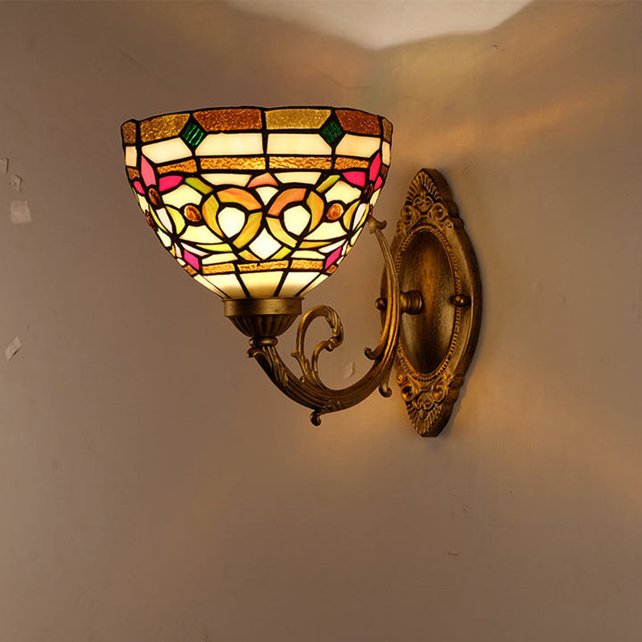 Lisslune | Dome Shade Floral Stained Glass Wall Lamp Lighting Fixture Decorative Single Gold Wall-Mounted Lamp