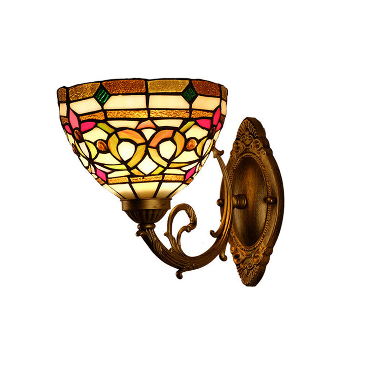 Lisslune | Dome Shade Floral Stained Glass Wall Lamp Lighting Fixture Decorative Single Gold Wall-Mounted Lamp