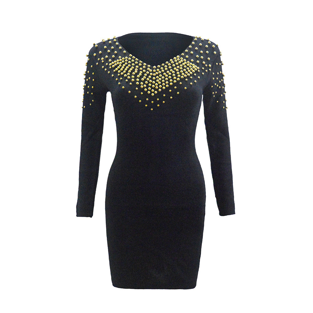 Women's Figure-Hugging Mini Dress with Golden Studs and V-Neck
