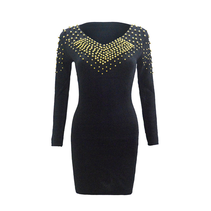 Women's Figure-Hugging Mini Dress with Golden Studs and V-Neck