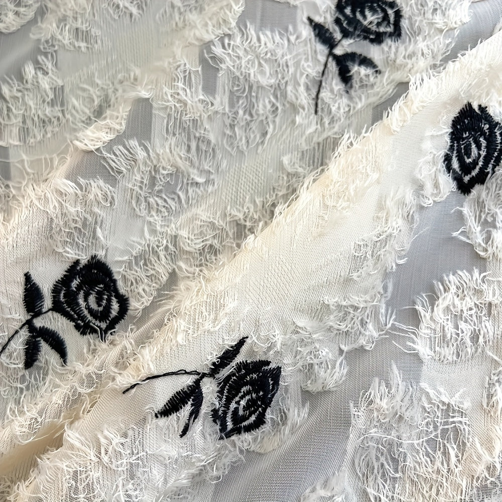 Rynx | Elegant French Romantic Rose Embroidered Curtains - 2 Piece Set, Beige & Cream Ruffle Design for Living Room and Bedroom, Light Filtering Rod Pocket Curtains