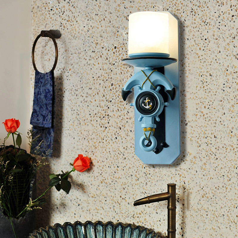 Skørter | 1 Main Indoor Wall Lamp Nautical Style Blue/White Wall Lighting with Cylinder Opal Glass Shade and Anchor Design