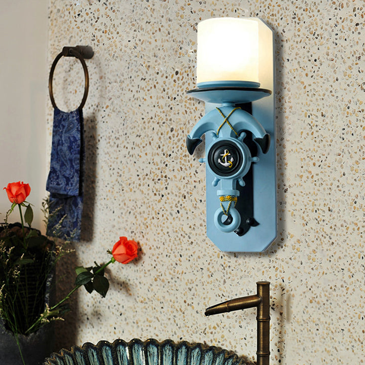 Skørter | 1 Main Indoor Wall Lamp Nautical Style Blue/White Wall Lighting with Cylinder Opal Glass Shade and Anchor Design