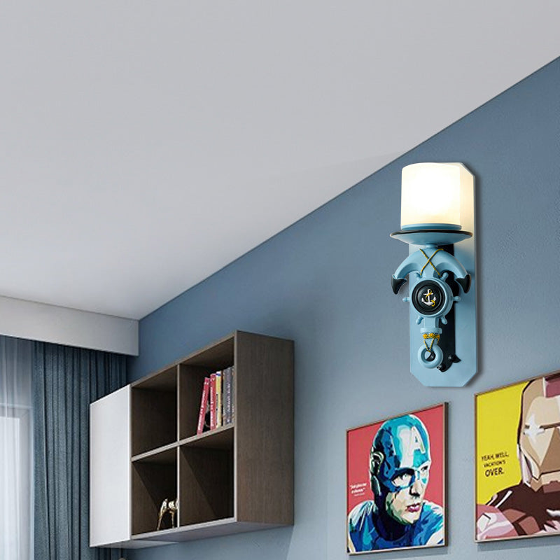 Skørter | 1 Main Indoor Wall Lamp Nautical Style Blue/White Wall Lighting with Cylinder Opal Glass Shade and Anchor Design