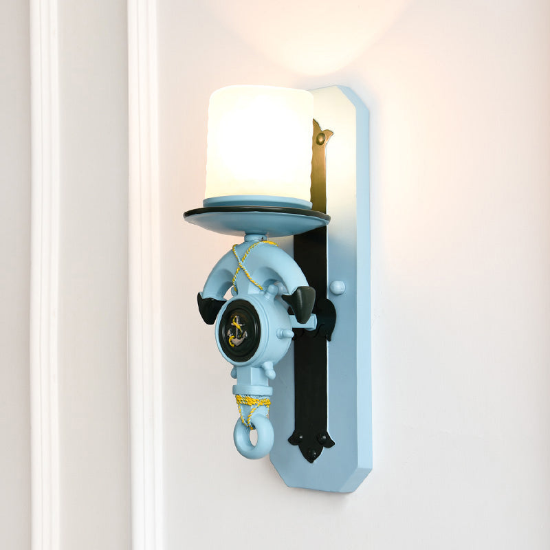 Skørter | 1 Main Indoor Wall Lamp Nautical Style Blue/White Wall Lighting with Cylinder Opal Glass Shade and Anchor Design