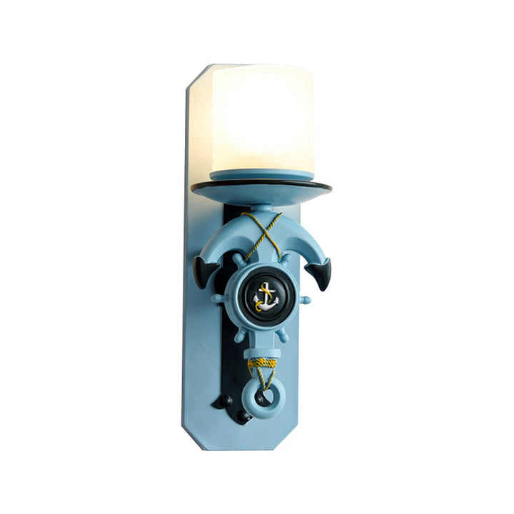 Skørter | 1 Main Indoor Wall Lamp Nautical Style Blue/White Wall Lighting with Cylinder Opal Glass Shade and Anchor Design