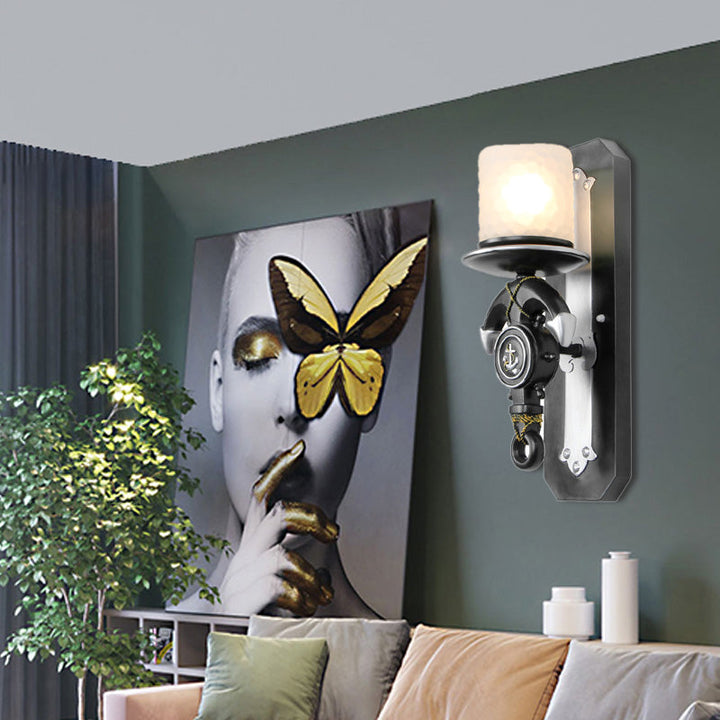 Skørter | 1 Main Indoor Wall Lamp Nautical Style Blue/White Wall Lighting with Cylinder Opal Glass Shade and Anchor Design