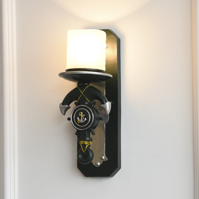 Skørter | 1 Main Indoor Wall Lamp Nautical Style Blue/White Wall Lighting with Cylinder Opal Glass Shade and Anchor Design