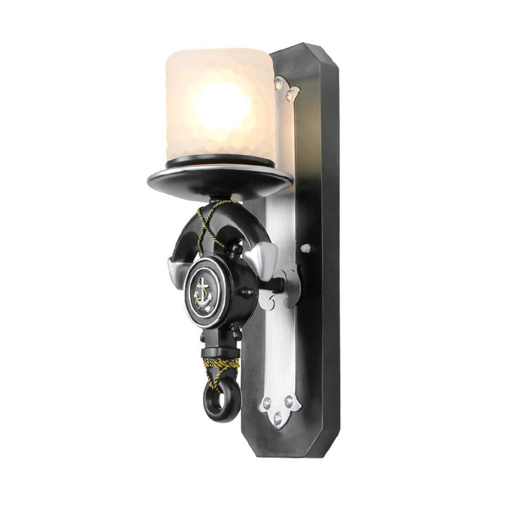 Skørter | 1 Main Indoor Wall Lamp Nautical Style Blue/White Wall Lighting with Cylinder Opal Glass Shade and Anchor Design