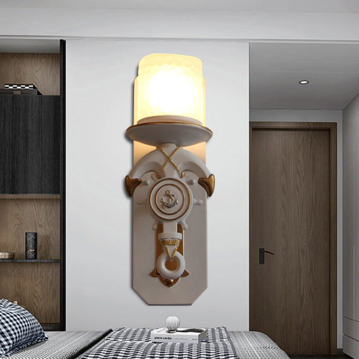 Skørter | 1 Main Indoor Wall Lamp Nautical Style Blue/White Wall Lighting with Cylinder Opal Glass Shade and Anchor Design