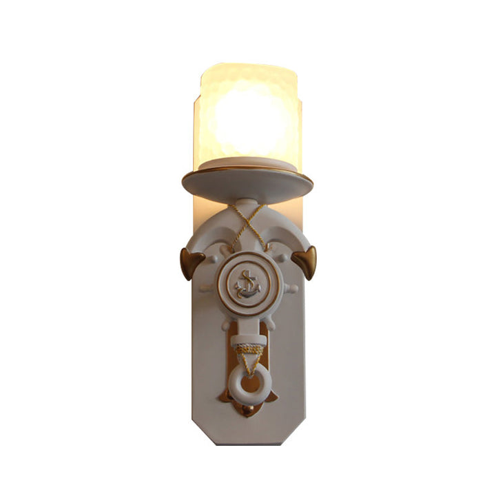 Skørter | 1 Main Indoor Wall Lamp Nautical Style Blue/White Wall Lighting with Cylinder Opal Glass Shade and Anchor Design