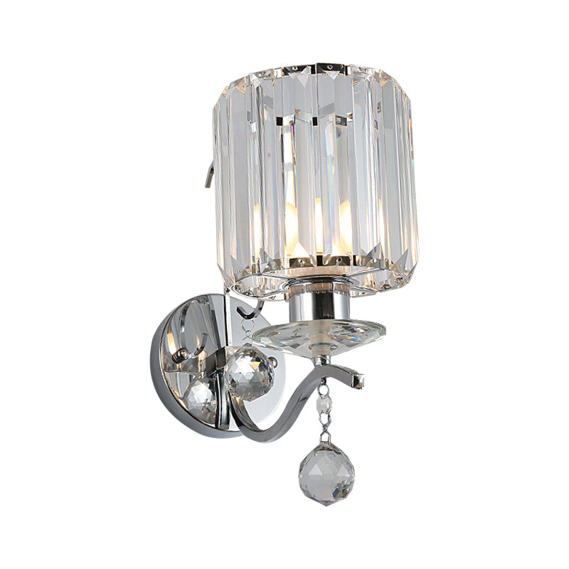 Lisslune | Chrome Cylinder Wall Lamp Modernist 1 Bulb Clear Crystal Wall Lighting with Orbit Drops