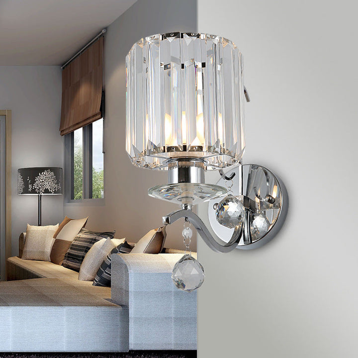 Lisslune | Chrome Cylinder Wall Lamp Modernist 1 Bulb Clear Crystal Wall Lighting with Orbit Drops