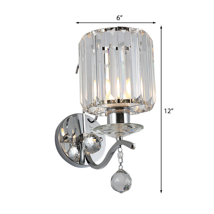 Lisslune | Chrome Cylinder Wall Lamp Modernist 1 Bulb Clear Crystal Wall Lighting with Orbit Drops