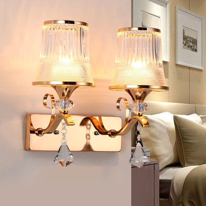Lisslune | Vintage Style Bell Wall Light Clear Glass 2 Lights Bedroom Gold Finish Wall Lamp with Crystal Accent
