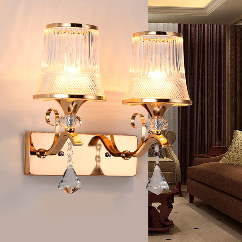 Lisslune | Vintage Style Bell Wall Light Clear Glass 2 Lights Bedroom Gold Finish Wall Lamp with Crystal Accent