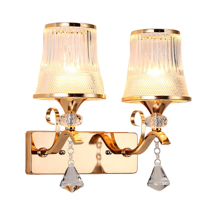 Lisslune | Vintage Style Bell Wall Light Clear Glass 2 Lights Bedroom Gold Finish Wall Lamp with Crystal Accent