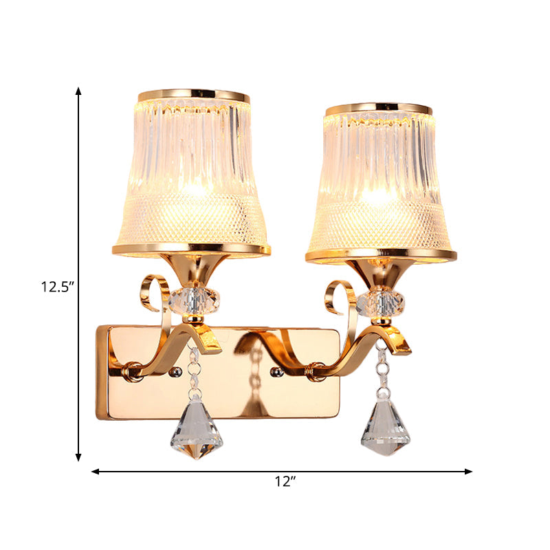 Lisslune | Vintage Style Bell Wall Light Clear Glass 2 Lights Bedroom Gold Finish Wall Lamp with Crystal Accent