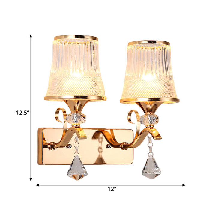 Lisslune | Vintage Style Bell Wall Light Clear Glass 2 Lights Bedroom Gold Finish Wall Lamp with Crystal Accent