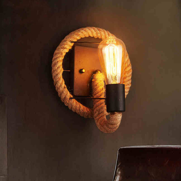 Lisslune | 1-Head Rope Wall Lamp Loft Style Black Finish Round/Oval Hall Metal Wall Mount Lighting with Exposed Bulb