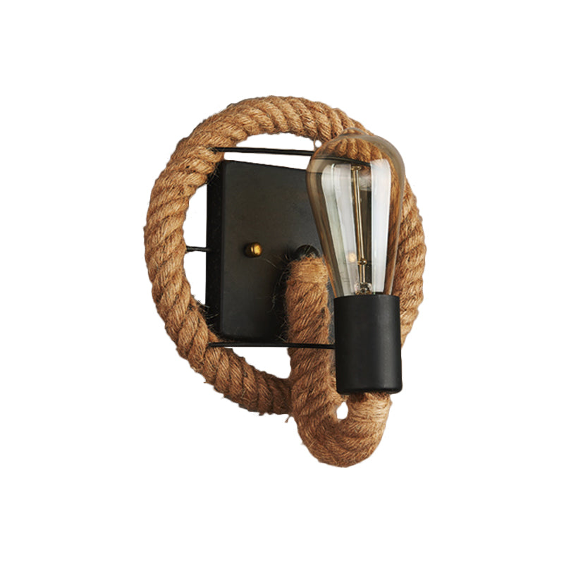 Lisslune | 1-Head Rope Wall Lamp Loft Style Black Finish Round/Oval Hall Metal Wall Mount Lighting with Exposed Bulb