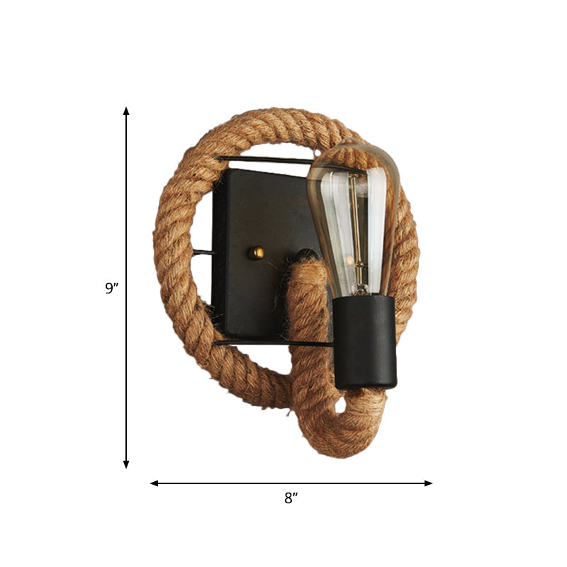 Lisslune | 1-Head Rope Wall Lamp Loft Style Black Finish Round/Oval Hall Metal Wall Mount Lighting with Exposed Bulb
