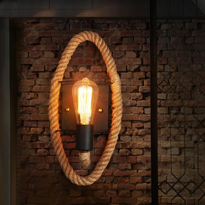 Lisslune | 1-Head Rope Wall Lamp Loft Style Black Finish Round/Oval Hall Metal Wall Mount Lighting with Exposed Bulb