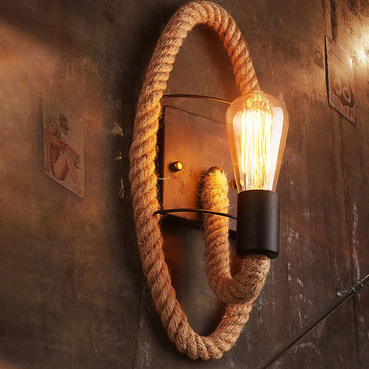 Lisslune | 1-Head Rope Wall Lamp Loft Style Black Finish Round/Oval Hall Metal Wall Mount Lighting with Exposed Bulb