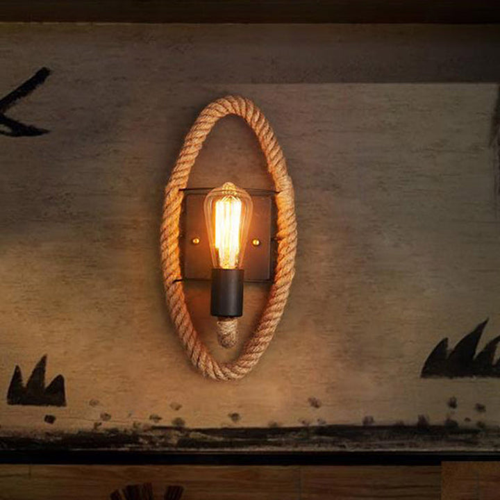 Lisslune | 1-Head Rope Wall Lamp Loft Style Black Finish Round/Oval Hall Metal Wall Mount Lighting with Exposed Bulb