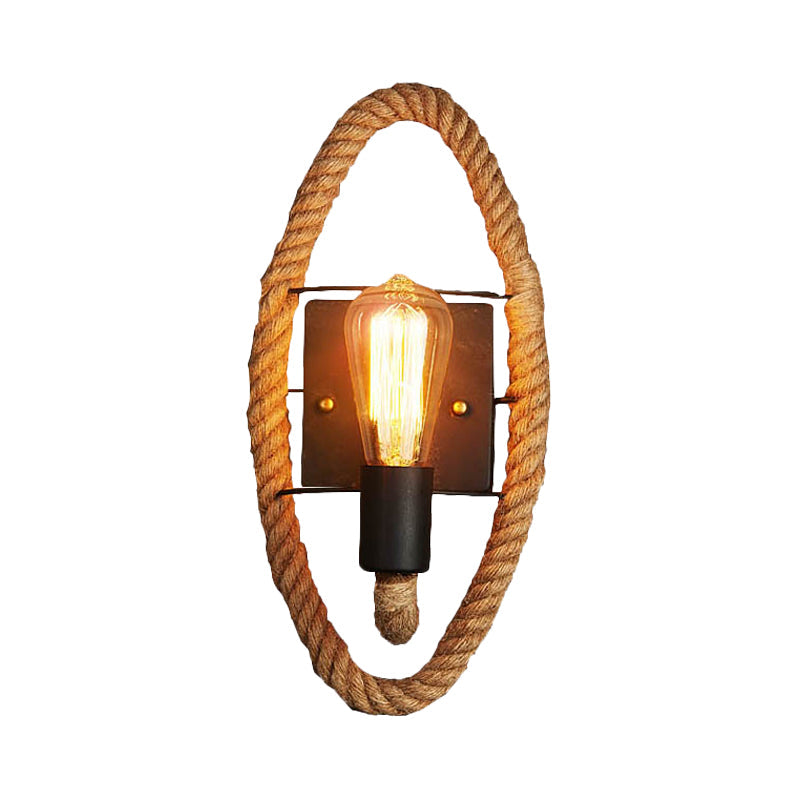 Lisslune | 1-Head Rope Wall Lamp Loft Style Black Finish Round/Oval Hall Metal Wall Mount Lighting with Exposed Bulb