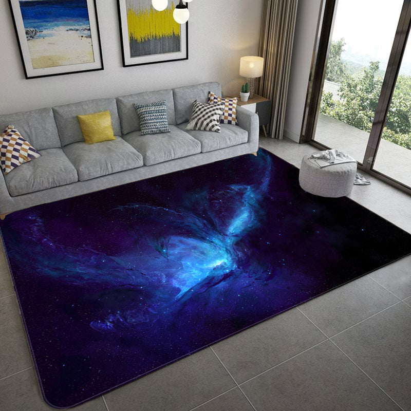 Lisslune | Mystical Galaxy 3D Graphic Rug Blue-Black Polypropylene Rug Non-Slip Underlay Washable Stain-Resistant Rug for Living Room