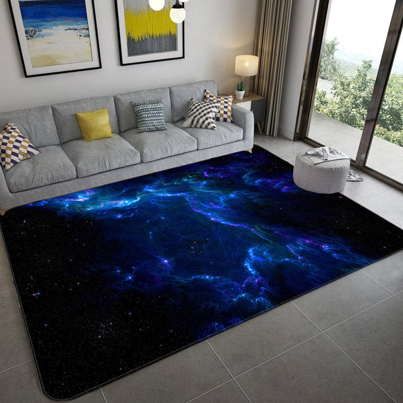 Lisslune | Mystical Galaxy 3D Graphic Rug Blue-Black Polypropylene Rug Non-Slip Underlay Washable Stain-Resistant Rug for Living Room