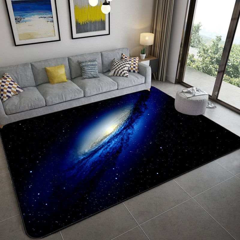 Lisslune | Mystical Galaxy 3D Graphic Rug Blue-Black Polypropylene Rug Non-Slip Underlay Washable Stain-Resistant Rug for Living Room