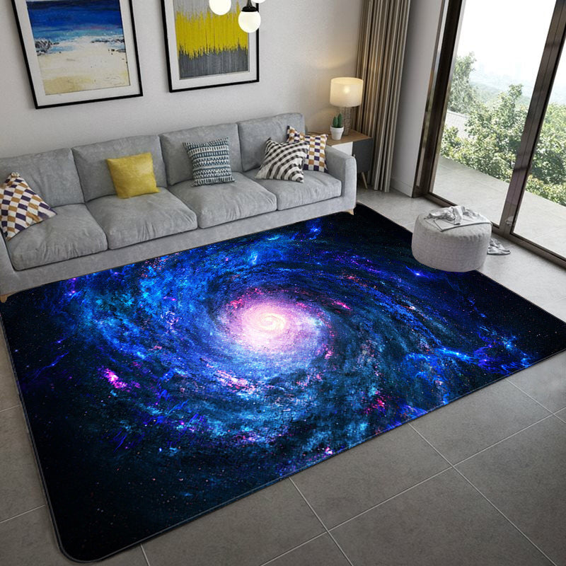 Lisslune | Mystical Galaxy 3D Graphic Rug Blue-Black Polypropylene Rug Non-Slip Underlay Washable Stain-Resistant Rug for Living Room