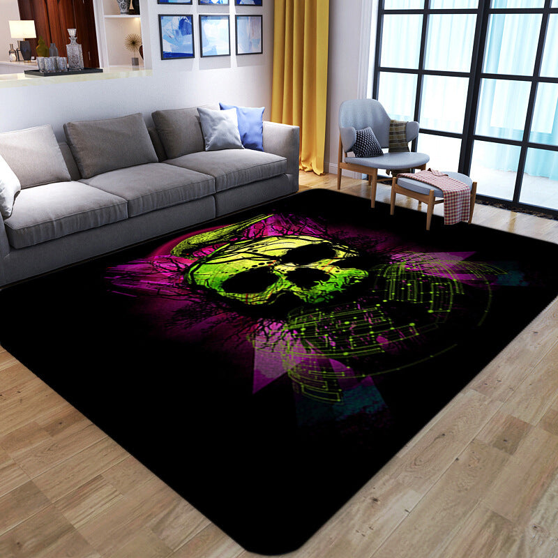 Lisslune | Punk Abstract Skull Print Rug Black Novelty Rug Synthetic Stain Resistant Machine Washable Non-Slip Back Rug for Living Room