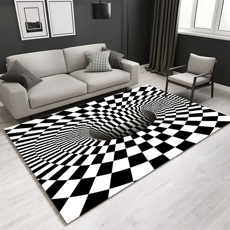 Lisslune | Decorative Black-White Modern Carpet Polyester 3D Trick Art Checked Pattern Carpet Stain-Resistant Non-Slip Backing Washable Carpet for Home